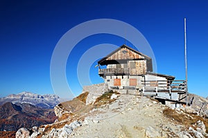 The mountain hut Rifugio Nuvolau, the oldest refuge in the Dolomites in an autumn sunny day.