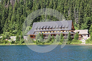 Mountain hut on shore of Popradske pleso lake in High, Tatras