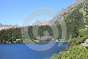 Mountain hut on shore of Popradske pleso lake in High, Tatras