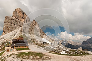 Mountain hut at ski resort in Dolomites photo