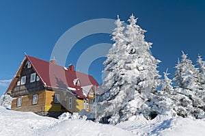 Mountain hut in winter