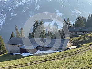 Mountain huts chalets or farmhouses and old wooden cattle houses in the alpine valley of KlÃ¶ntal or Kloental - Switzerland