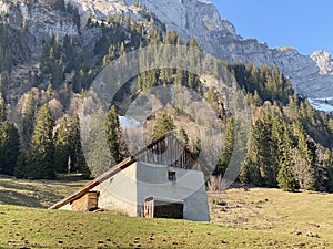 Mountain huts chalets or farmhouses and old wooden cattle houses in the alpine valley of KlÃ¶ntal or Kloental - Switzerland