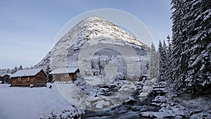 Mountain Huts and river on Trollstigen road in snow in Norway