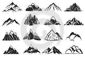 Mountain icons. Mountains top silhouette shapes, snow rocky range. Outdoor landscape hill peaks symbols vector set