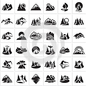 Mountain icons set, nature landscape icons