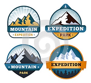 Mountain labels collection, expedition park and exploration