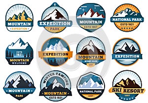 Mountain labels. Hiking emblems, mountains emblem badges and outdoors hill travel label vector set