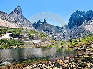 Mountain lake against backdrop of ridge.
