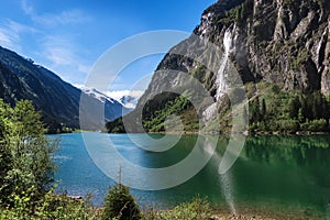 Mountain lake alpine scenic. Stillup lake austrian summer mountain landscape