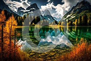 Mountain lake with autumn forest and reflection in water, Dolomites, Italy