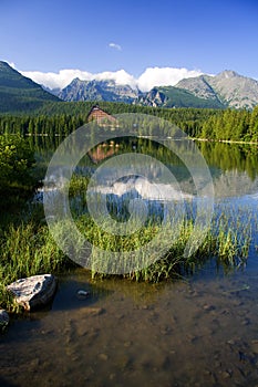 Mountain lake in background with high mountain