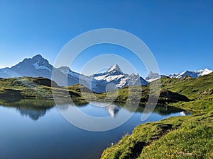 mountain lake in the bernese oberland. Bachsee near Grindelwald and Interlaken. Beautiful sunrise mood. Bachsee