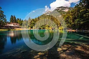 Mountain lake Blausee in the Jungfrau region of Switzerland