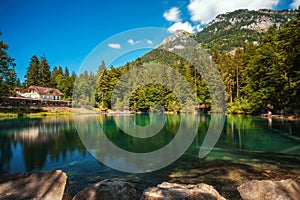 Mountain lake Blausee in the Jungfrau region of Switzerland