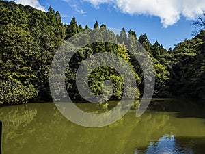 Mountain lake with clear blue sky