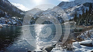 Mountain lake with clear waters and rocky shores under blue sky. Landscape photography