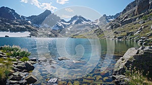 Mountain lake with clear waters and rocky shores under blue sky. Landscape photography