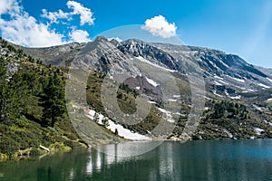 Mountain lake Estany de les Truites in Andorra Pyrenees, La Massana, refugi de coma pedrosa