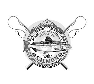 Mountain lake fishing logo and design elements