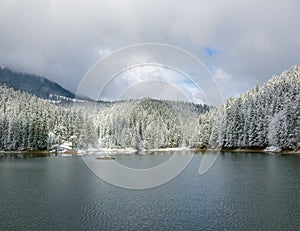 Mountain lake with forest around covered with snow