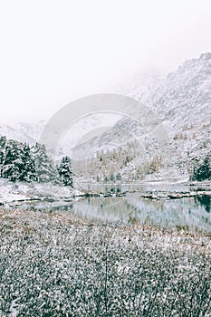 Mountain lake frosty morning.