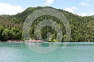 Mountain lake, houses near the water and green forest.