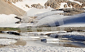 Mountain lake with iceberg and snow