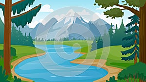 Mountain and lake landscape. Cartoon rocky mountains, forest and river scene. Wild nature summer panorama. Hiking