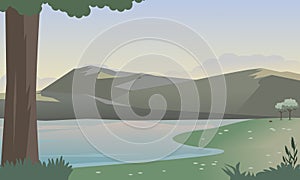 Mountain and lake landscape with green meadows and trees in the morning or afternoon. vector illustration