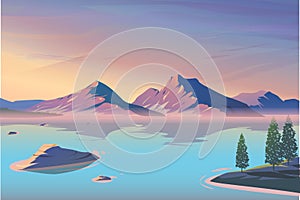 Mountain lake landscape vector illustration.