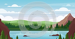 Mountain lake landscape vector illustration, cartoon flat summer nature, picturesque mountainous scenery with blue lake