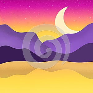 Mountain with Lake Landscape View on Crescent Moon Night Graphic Wallpaper Background