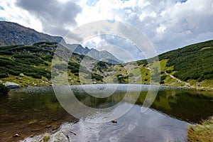 Mountain lake in late summer in Slovakian Carpathian Tatra