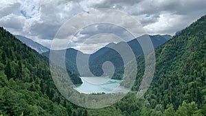 A mountain lake among a lot of greenery and plants