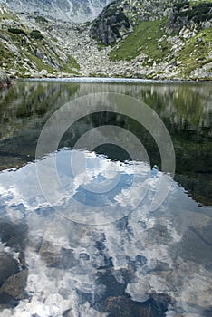 Mountain lake mirror reflecting the beautiful summer sky