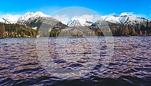 Horské jezero v národním parku Vysoké Tatry v zimě. Štrbské pleso, Evropa, Slovensko. Horská krajina.