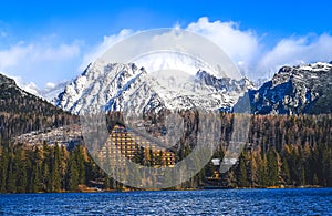 Mountain lake in National Park High Tatras in winter. Strbske pleso, Europe, Slovakia. Mountains landscape.