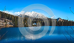 Mountain lake in National Park High Tatras in winter. Strbske pleso, Europe, Slovakia. Mountains landscape.