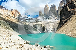 Mountain lake in national park Torres del Paine, landscape of Patagonia, Chile, South America