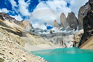 Mountain lake in national park Torres del Paine, landscape of Patagonia, Chile, South America