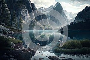 Mountain lake nature landscape background, forest travel reflection scenery panorama view, Generative AI