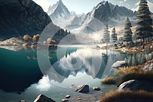 Mountain lake nature landscape background, forest travel reflection scenery panorama view, Generative AI