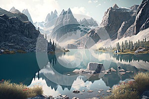 Mountain lake nature landscape background, forest travel reflection scenery panorama view, Generative AI