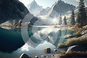 Mountain lake nature landscape background, forest travel reflection scenery panorama view, Generative AI