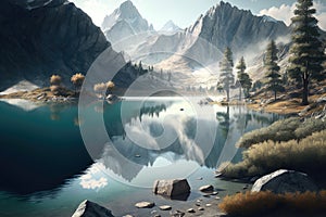 Mountain lake nature landscape background, forest travel reflection scenery panorama view, Generative AI