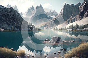 Mountain lake nature landscape background, forest travel reflection scenery panorama view, Generative AI