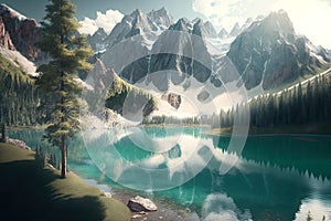 Mountain lake nature landscape background, forest travel reflection scenery panorama view, Generative AI