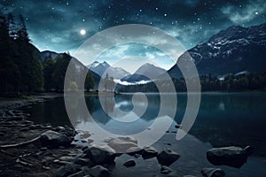 Mountain lake at night with stars and moon. 3d rendering, A dreamy, star-studded sky above a tranquil lake, AI Generated