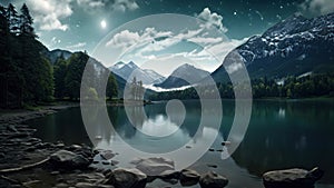 Mountain lake at night with stars and moon. 3d rendering, A dreamy, star-studded sky above a tranquil lake, AI Generated